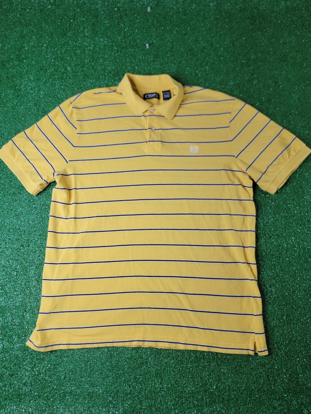 Ralph Lauren Chaps Mens Polo Striped Polo Shirt Size XL Yellow Navy White Cotton